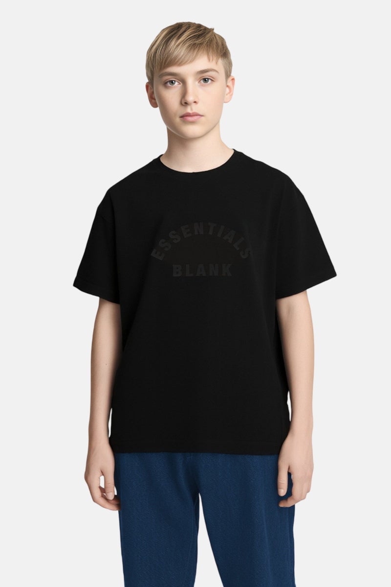 Blank Essentials Kids Boy Crew Neck Short Sleeve Brand Logo T-Shirt, Black - Image 1