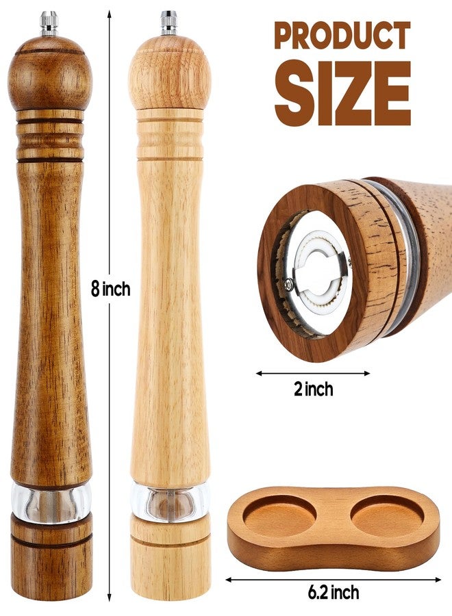 Saebume Wooden Salt and Pepper Grinder Set,2 Pcs Large Refillable Pepper Mills with Tray,Manual Solid Oak Wood Mills Shakers with Adjustable Ceramic Core for Pepper,Salt (8 inch Grinder Set) - Image 2