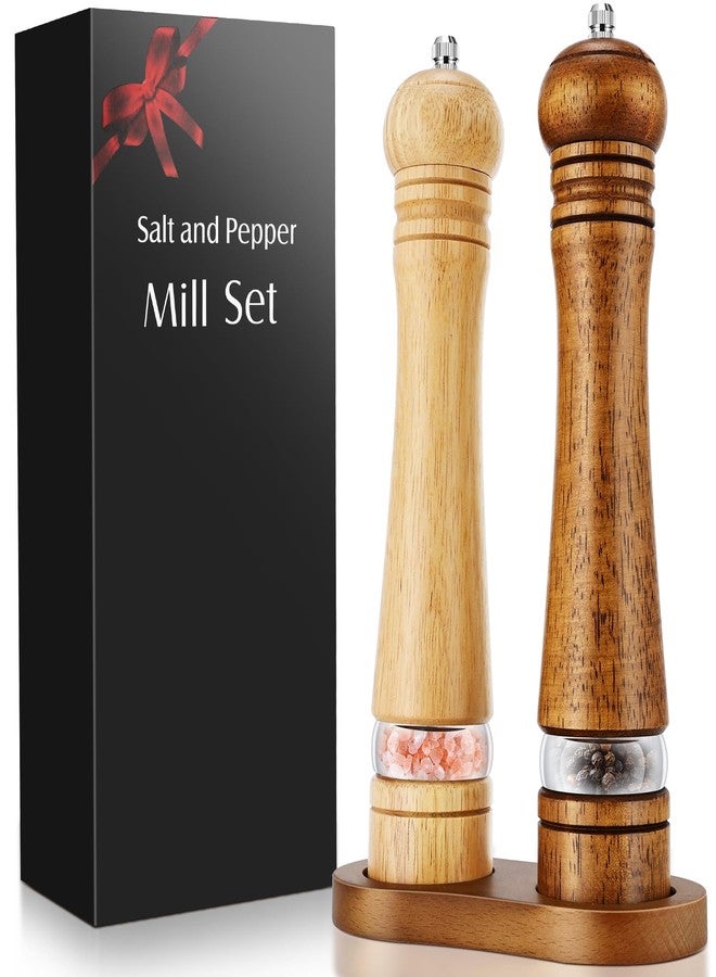 Saebume Wooden Salt and Pepper Grinder Set,2 Pcs Large Refillable Pepper Mills with Tray,Manual Solid Oak Wood Mills Shakers with Adjustable Ceramic Core for Pepper,Salt (8 inch Grinder Set) - Image 1