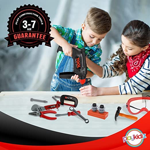 PLAYKIDIZ Playkidz Tool Box for Kids 22Piece Boys Girls Construction Toy Playset w Carry Chest Working Push Button Power Drill Hammer Screwdriver Wrench Pliers Saw Other Realistic Tools Ages 3 - Image 5