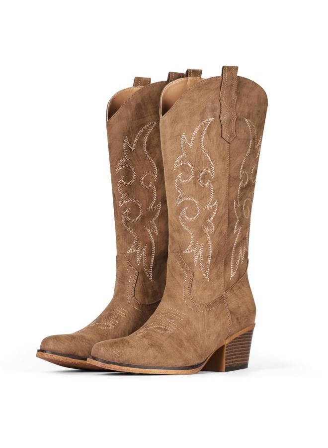 IUV Cowboy Boots For Women Western Cowgirl Boots Mid Calf Snip Toe Boot With Chunky Heel, Dark Brown, 8 - Image 1
