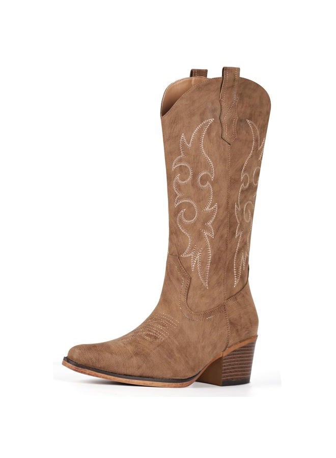 IUV Cowboy Boots For Women Western Cowgirl Boots Mid Calf Snip Toe Boot With Chunky Heel, Dark Brown, 8 - Image 5