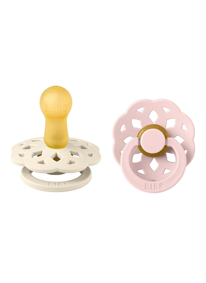 BIBS Baby Pacifier Boheme, Made with Natural Rubber Latex, Round Nipple, Mouth Skin Sensitive, Soft, Flexible, For Babies 6 Months and Above, BPA-free, Ivory/ Blossom Colour, Pack of 2, Size 2