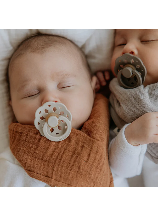 BIBS Baby Pacifier Boheme, Made with Natural Rubber Latex, Round Nipple, Mouth Skin Sensitive, Soft, Flexible, For Babies 6 Months and Above, BPA-free, Ivory/ Blossom Colour, Pack of 2, Size 2
