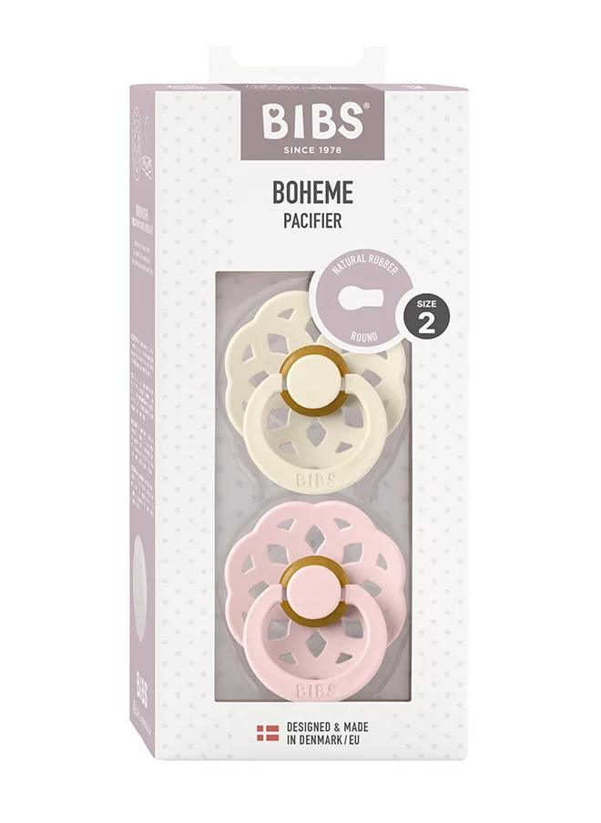 BIBS Baby Pacifier Boheme, Made with Natural Rubber Latex, Round Nipple, Mouth Skin Sensitive, Soft, Flexible, For Babies 6 Months and Above, BPA-free, Ivory/ Blossom Colour, Pack of 2, Size 2