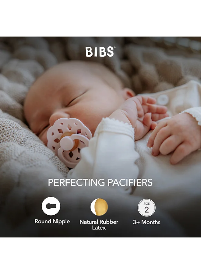 BIBS Baby Pacifier Boheme, Made with Natural Rubber Latex, Round Nipple, Mouth Skin Sensitive, Soft, Flexible, For Babies 6 Months and Above, BPA-free, Ivory/ Blossom Colour, Pack of 2, Size 2
