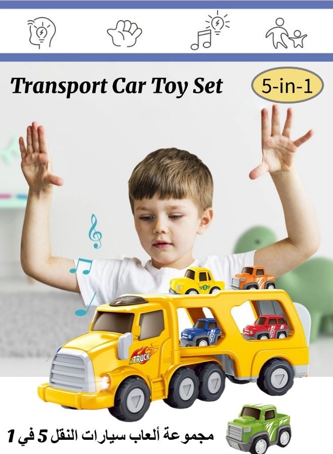 5-in-1 Transport Car Toy Set, Construction Truck Toddler Toys Car, Push and Go Car Toy, Double-decker Trailer with Light and Interactive  Music, Easy to Operate for 3+ Kids Boys and Girls (Yellow, 34.3*10.5*12.7CM) - Image 1