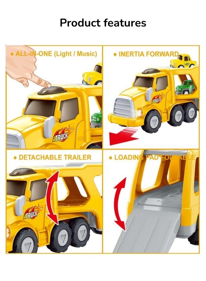 5-in-1 Transport Car Toy Set, Construction Truck Toddler Toys Car, Push and Go Car Toy, Double-decker Trailer with Light and Interactive  Music, Easy to Operate for 3+ Kids Boys and Girls (Yellow, 34.3*10.5*12.7CM) - Image 3