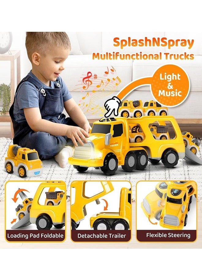 5-in-1 Transport Car Toy Set, Construction Truck Toddler Toys Car, Push and Go Car Toy, Double-decker Trailer with Light and Interactive  Music, Easy to Operate for 3+ Kids Boys and Girls (Yellow, 34.3*10.5*12.7CM) - Image 4