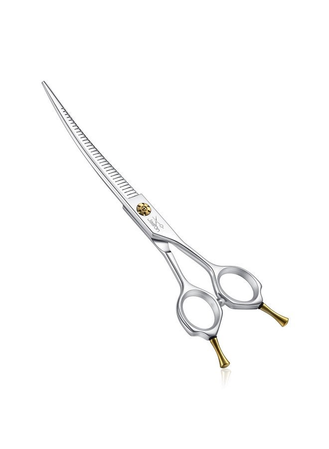 جيسون مقصات العناية بالكلاب من جيسون مقاس 7 بوصات - مقصات تخفيف منحنية لأعلى بمعدل تخفيف 25% - 30%، مقصات يابانية من الفولاذ المقاوم للصدأ 440C للعناية بالكلاب مع برغي قابل للتعديل (32 سنًا، فضي) - Image 1