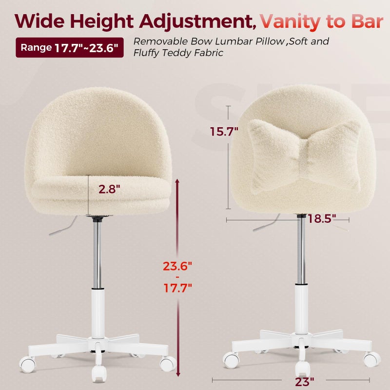 COMHOMA Vanity Chair with Teddy Velvet, Small Tall Armless Chair with Back, Cute Candy Chair for Girls Gift Living Room/Makeup Room/Bedroom/Kitchen (Height Use: Adjustable from Desk to Bar Height) - Image 2