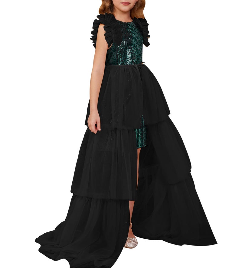 GRACE KARIN Girls Sequin Dress Formal Pageant Sparkle Party Ruffle Prom Maxi Dress Size 5-14Y, Black Green, 12-14 Years - Image 1