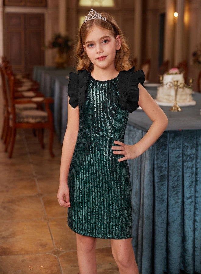 GRACE KARIN Girls Sequin Dress Formal Pageant Sparkle Party Ruffle Prom Maxi Dress Size 5-14Y, Black Green, 12-14 Years - Image 4