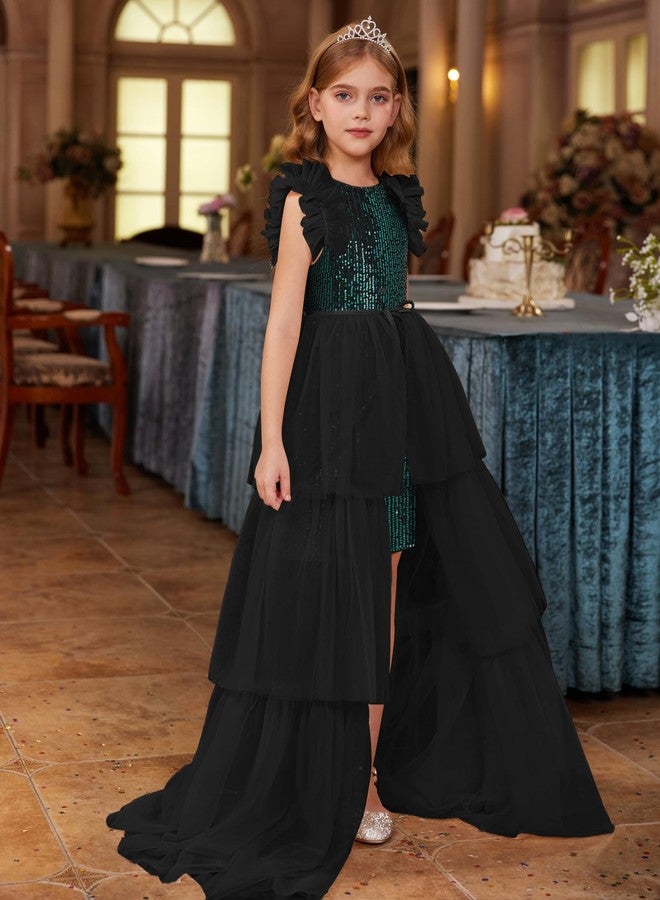 GRACE KARIN Girls Sequin Dress Formal Pageant Sparkle Party Ruffle Prom Maxi Dress Size 5-14Y, Black Green, 12-14 Years - Image 2
