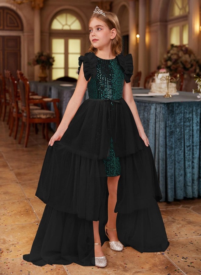 GRACE KARIN Girls Sequin Dress Formal Pageant Sparkle Party Ruffle Prom Maxi Dress Size 5-14Y, Black Green, 12-14 Years - Image 3