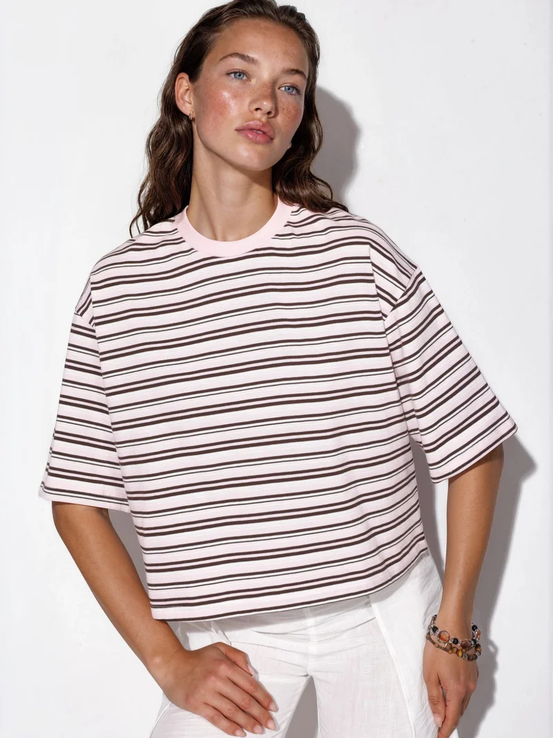 بوسيم BUSEM Oversized Striped Cotton Crew Neck T-shirt
