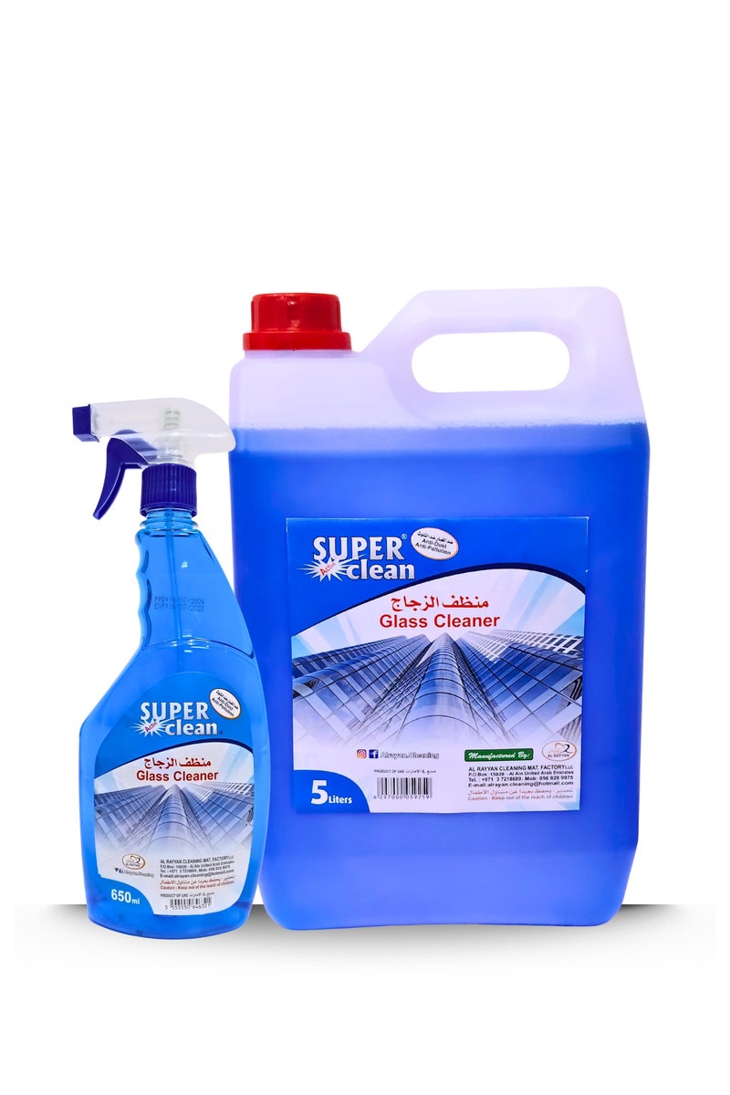 سوبر كلين سوبركلين منظف الزجاج 5 لتر + 650 مل مجاناً – زجاجة رذاذ قابلة لإعادة التعبئة – لمعان خالٍ من الخطوط - Image 1