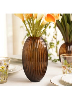 PURE HOME + LIVING Pure Home Living Brown Ribbed Round Glass Vase Large  - Image 1