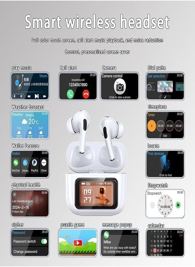 Generic - Multifunctional AirPods have a touch screen control and display.  Compatible with all mobile phones and dual wireless systems. It has a noise reduction feature with an application to control it. White color - Image 1