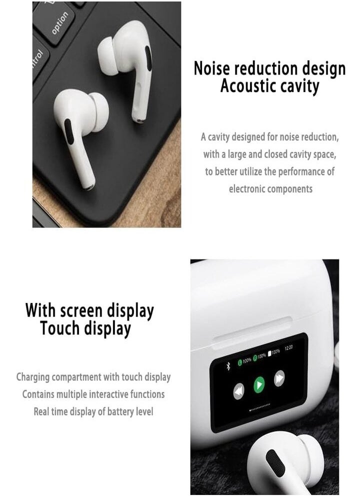 Generic - Multifunctional AirPods have a touch screen control and display.  Compatible with all mobile phones and dual wireless systems. It has a noise reduction feature with an application to control it. White color - Image 1