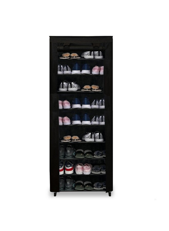 ROBMOB 9 Tier Metal Shoe Rack Collapsible Shoe Organiser with Adjustable Shelves Space Saving Lightweight Racks Foldable Sneaker Footwear Best for Men, Women, Boots, Slippers (Black Cover) - Image 1