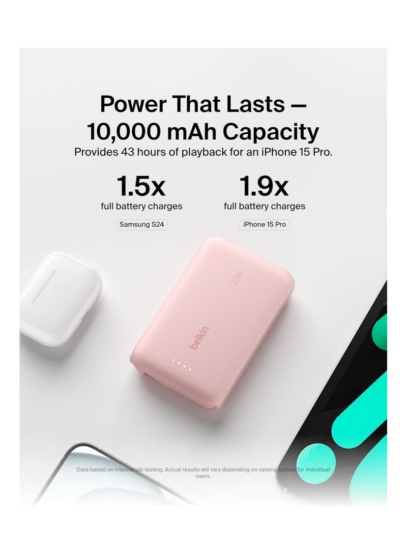 belkin 10000 mAh BoostCharge Power Bank, Portable Power Bank with Integrated Cable 10K PD 20W - Fast Charge USB-C Power Delivery, iPhone Power Bank Fast Charging for iPhone 16/15 Series, iPad Pro, Galaxy S24, More - Pink - Image 3