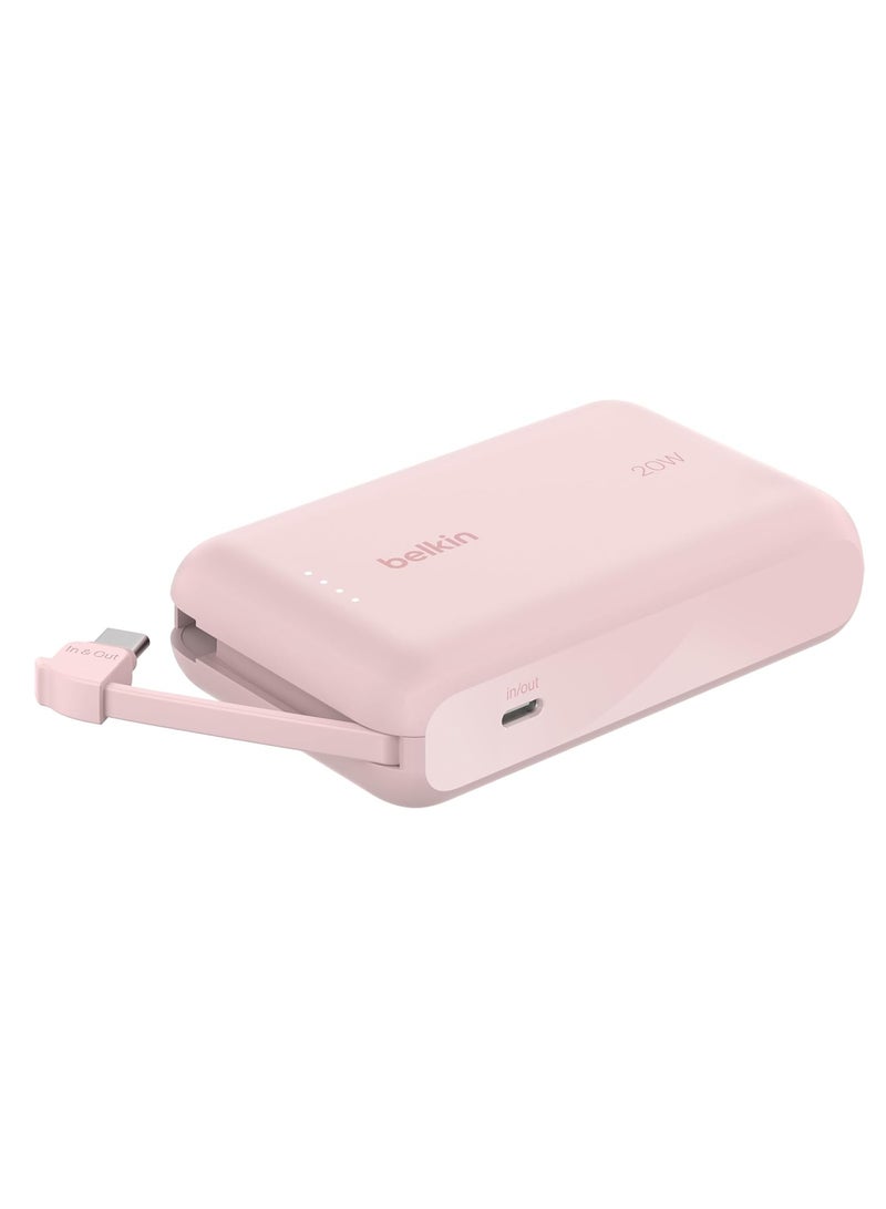 belkin 10000 mAh BoostCharge Power Bank, Portable Power Bank with Integrated Cable 10K PD 20W - Fast Charge USB-C Power Delivery, iPhone Power Bank Fast Charging for iPhone 16/15 Series, iPad Pro, Galaxy S24, More - Pink - Image 1