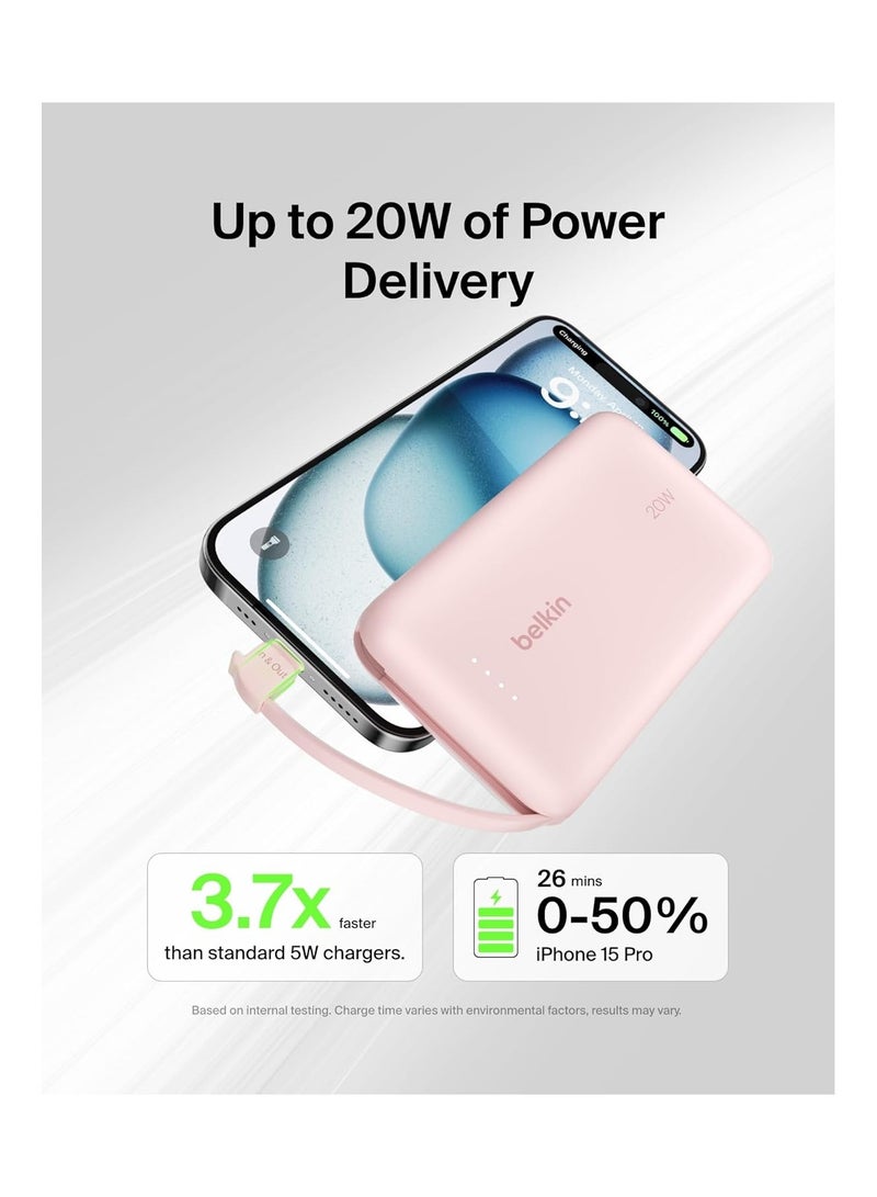 belkin 10000 mAh BoostCharge Power Bank, Portable Power Bank with Integrated Cable 10K PD 20W - Fast Charge USB-C Power Delivery, iPhone Power Bank Fast Charging for iPhone 16/15 Series, iPad Pro, Galaxy S24, More - Pink - Image 2