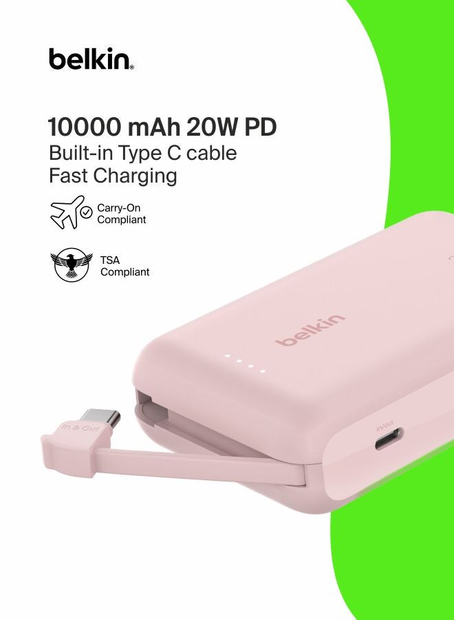 belkin 10000 mAh BoostCharge power bank 10000mAh, portable power bank with integrated cable PD 20W, fast charge USB-C power delivery, power bank fast charging for iPhone 16 series, iPad Pro, Galaxy S24 and more Pink - Image 1