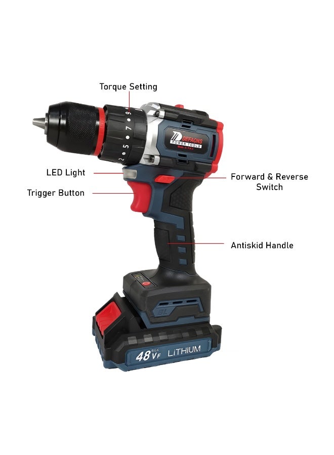 DEFAONS 48VF Cordless Drill Driver, Brushless Electric Power Drill with 23+3 Torque Settings, All-Copper Motor, 2-Speed, LED Light, Rechargeable Lithium Battery, Impact Drilling & Screwdriver for Wood, Metal, Concrete - Image 2