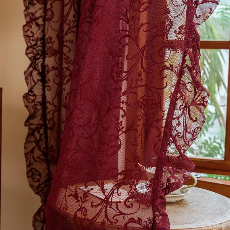 TUDECO Sheer Burgundy Curtains for Bedroom 2 Panels Set - Romantic Floral Branch Wine Red Lace Curtains 72 Inch Length, Embroidered Ruffle Window Treatment Vibrant Home Decor, 59 x 72 Inch, Maroon - Image 3