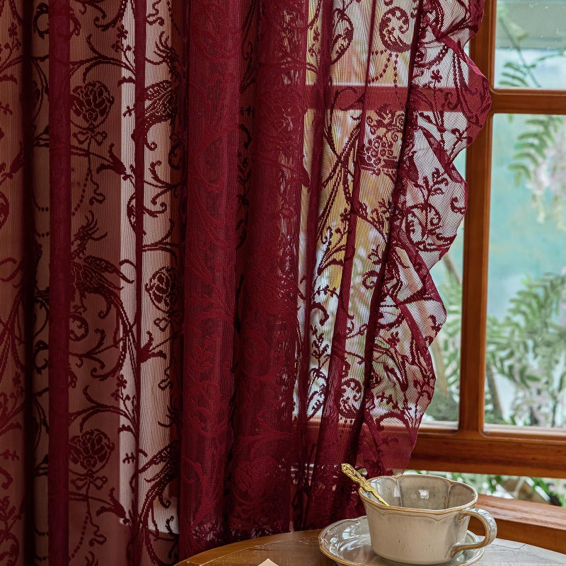 TUDECO Sheer Burgundy Curtains for Bedroom 2 Panels Set - Romantic Floral Branch Wine Red Lace Curtains 72 Inch Length, Embroidered Ruffle Window Treatment Vibrant Home Decor, 59 x 72 Inch, Maroon - Image 1