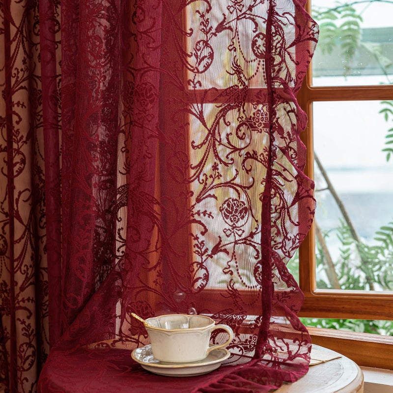 TUDECO Sheer Burgundy Curtains for Bedroom 2 Panels Set - Romantic Floral Branch Wine Red Lace Curtains 72 Inch Length, Embroidered Ruffle Window Treatment Vibrant Home Decor, 59 x 72 Inch, Maroon - Image 4