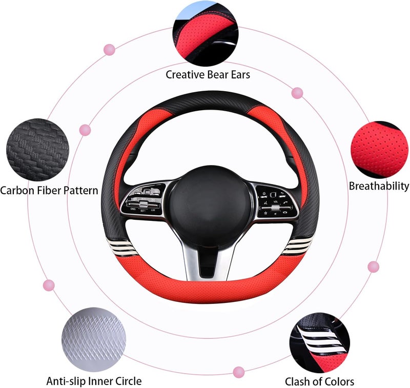 Binsheo Cute Steering Wheel Cover D Shape for Women Men Breathable Universal 15 inch,Black and Red - Image 5