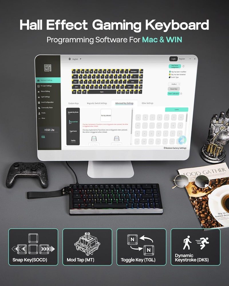 EPOMAKER HE68 Lite Hall Effect Gaming Keyboard, 8k Polling & 128K Scan Rate, 0.005mm Adjustable Trigger, 0.125ms Latency, 5-Layer Sound-Dampened, Snap Key, SOCD, A-RGB, Wired, Mac Software(Black) - Image 4