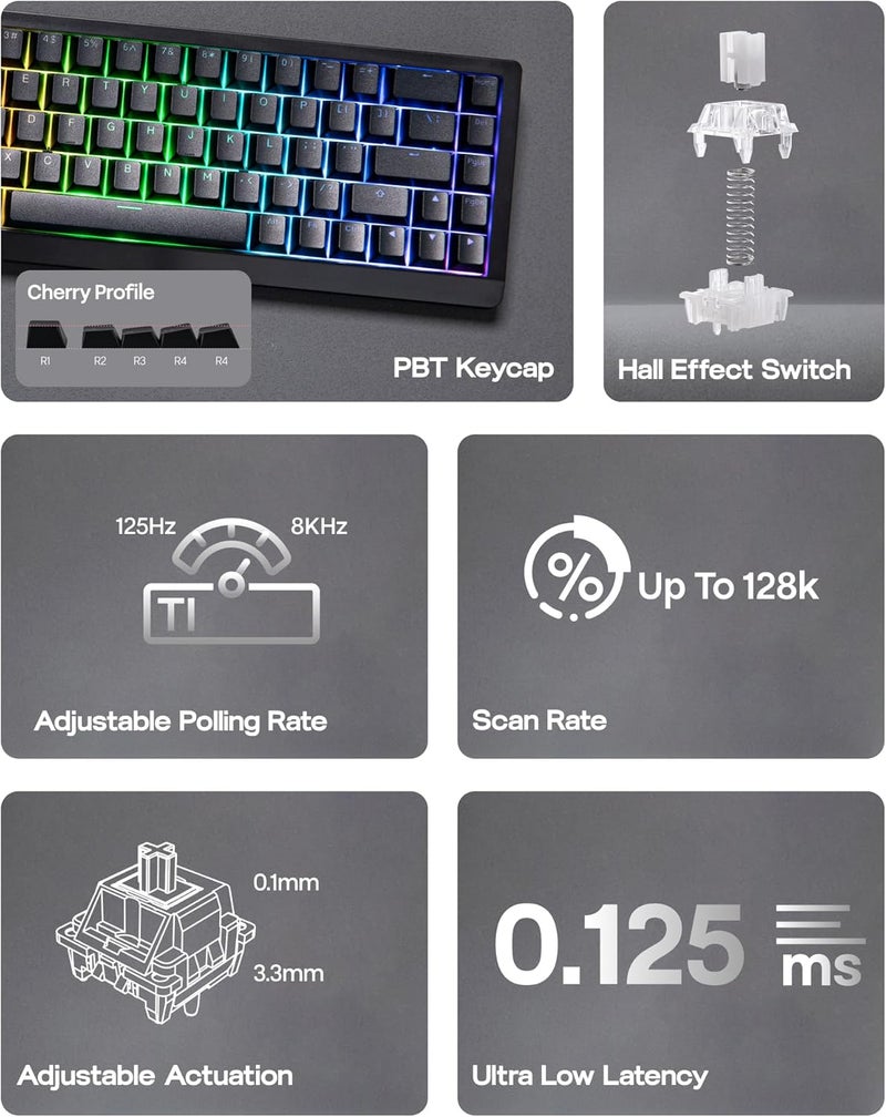 EPOMAKER HE68 Lite Hall Effect Gaming Keyboard, 8k Polling & 128K Scan Rate, 0.005mm Adjustable Trigger, 0.125ms Latency, 5-Layer Sound-Dampened, Snap Key, SOCD, A-RGB, Wired, Mac Software(Black) - Image 3