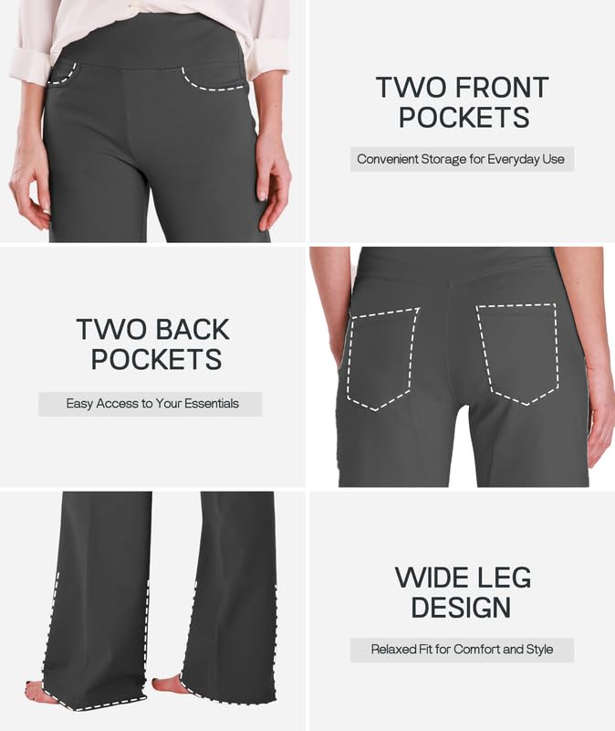 Houmous Wide Leg Pants Women Cotton Yoga Pants High Waist Loose Lounge Stretch Trousers with Pockets, 28 Inseam, Heather Gray, L - Image 2