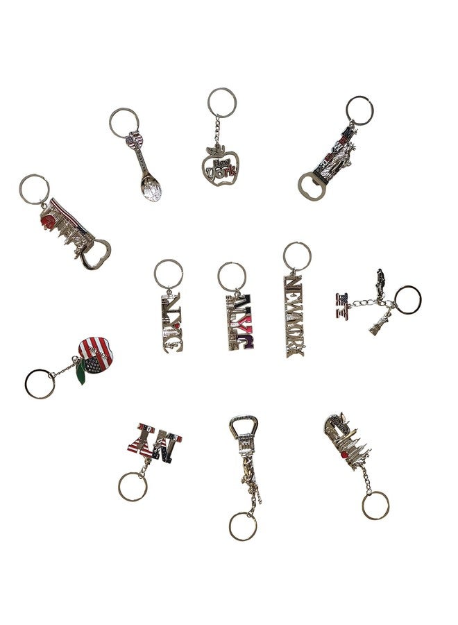 سبارك مجموعة تذكارية من 12 قطعة من مدينة نيويورك، تتضمن سلاسل مفاتيح معدنية، 4 قطع: فتاحة زجاجات، مبنى إمباير ستيت، برج الحرية، تمثال الحرية، علم الولايات المتحدة الأمريكية، سيارة أجرة نيويورك، تفاحة، وغيرها. - Image 1