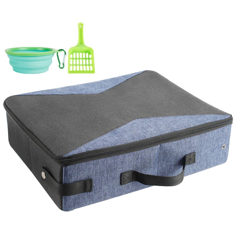 HiCaptain Portable Travel Litter Box, Foldable Cat Litter Box with Lid and Handle Standard Lightweight Collapsible Litter Carrier for Cat Travel(M,Black/Blue) - Image 1