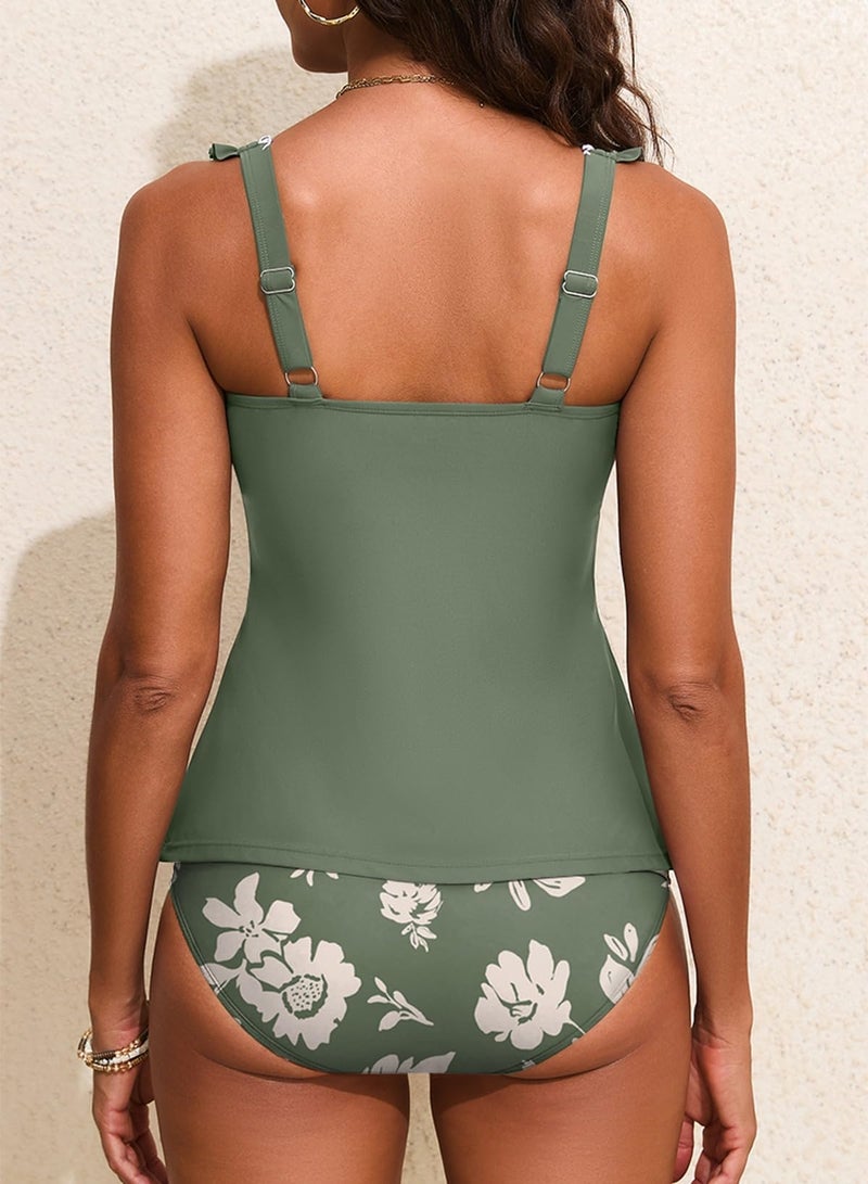 Aleumdr Women Tankini Swimsuit High Waisted Slimming Bathing Suit Tummy Control Swimwear V Neck Tank Top with Shorts Mist Green Large - Image 4