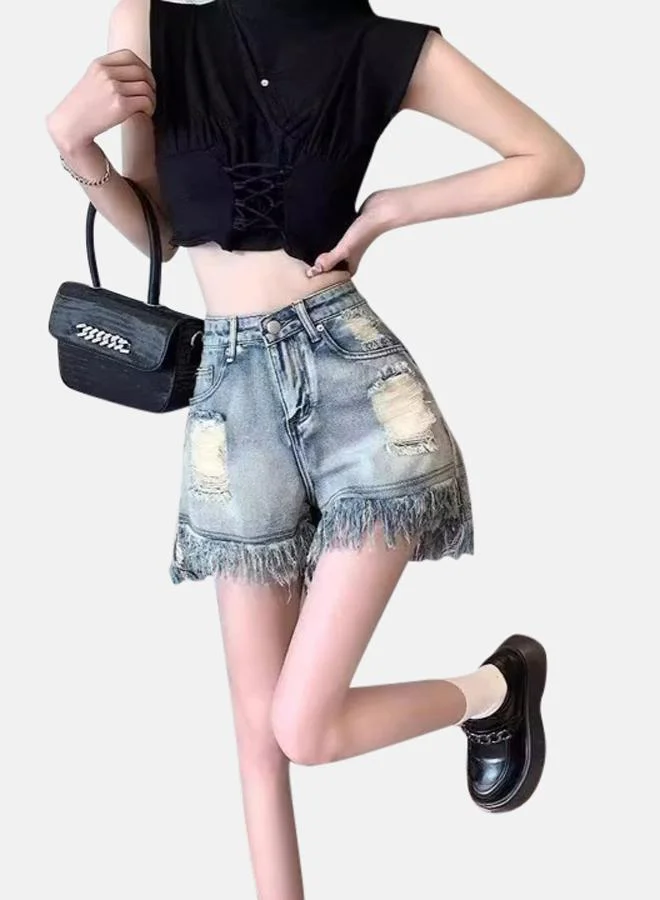 YUNIQEE Blue High-Rise Denim Shorts