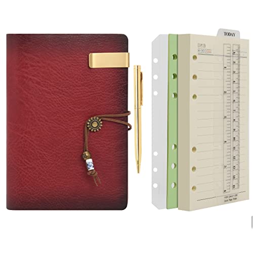 Wonderpool Leather Journal A6 Refillable 6 Ring Binder Notebook with Lined Paper and Pen,Writing Diary for Work Travel and Agenda Plan (A6, Wine red) - Image 1