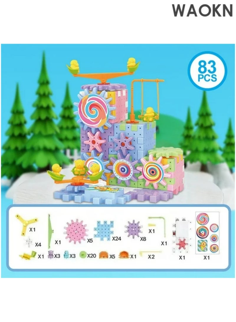 WAOKN Gear Building Toy Set - 83 Piece Interlocking Learning Blocks with Motorized Spinning Gears, STEM Educational Construction Kit for Kids Ages 4-8, Playground Edition Creative Engineering Toys for Boys & Girls - Image 1