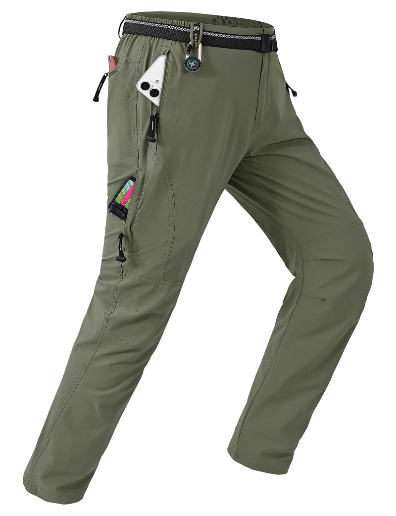 TBMPOY Men's Lightweight Hiking Pants with Belt 5 Zip Pockets Waterproof Quick-Dry Travel Fishing Work Outdoor Pants Thin Sage Green XL - Image 1