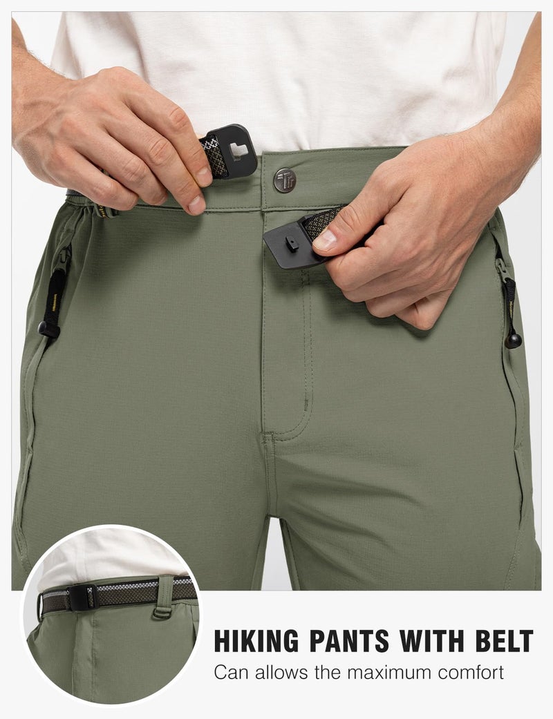 TBMPOY Men's Lightweight Hiking Pants with Belt 5 Zip Pockets Waterproof Quick-Dry Travel Fishing Work Outdoor Pants Thin Sage Green XL - Image 4