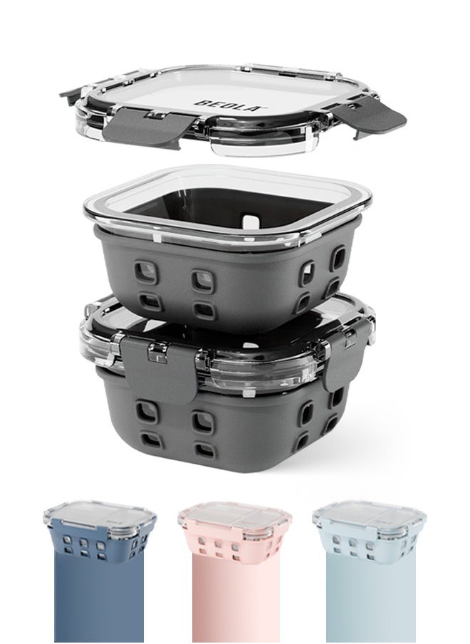 BEOLA Set of 2 Glass Food Storage Containers with Airtight Lids and Silicone Protection, Leakproof Food Organizer, Freezer, Dishwasher, Microwave Safe, Kitchen Organizer for Food (320ml, Lava Gray)  - Image 1