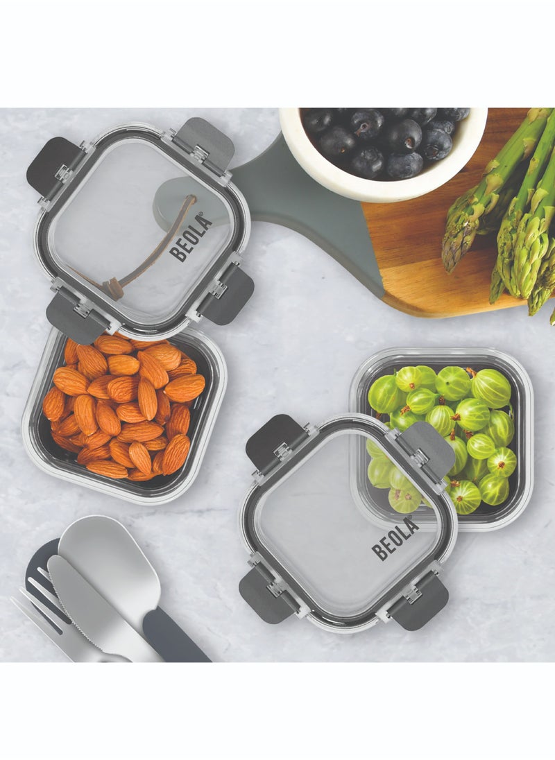BEOLA Set of 2 Glass Food Storage Containers with Airtight Lids and Silicone Protection, Leakproof Food Organizer, Freezer, Dishwasher, Microwave Safe, Kitchen Organizer for Food (320ml, Lava Gray)  - Image 4