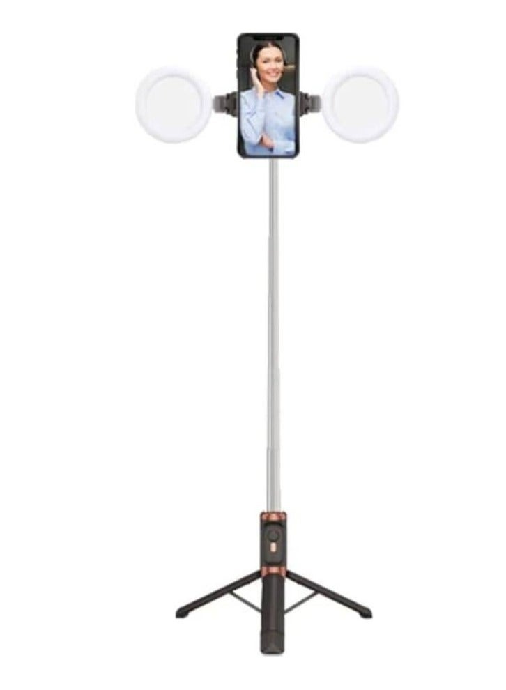 Power Mep - Wireless BT Live Broadcast Selfie Stick with Dual Ring Light (BLACK) - Image 1