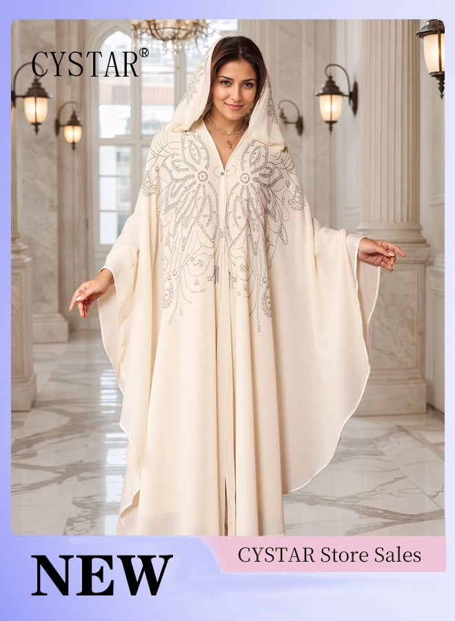 سيستار فستان بأكمام خفاش، رداء دبي بغطاء رأس وشال مرصع بالخرز الماسي الساخن - Image 1