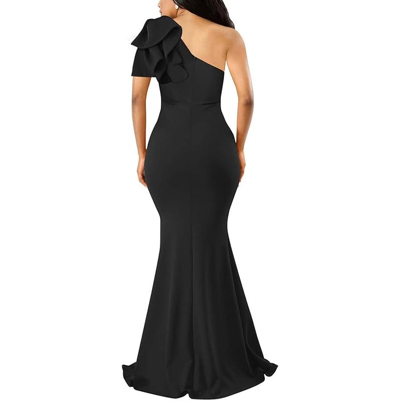 YMDUCH Women's Sexy Sleeveless One Shoulder Ruffle High Split Party Evening Long Formal Dress, Black, Large - Image 2